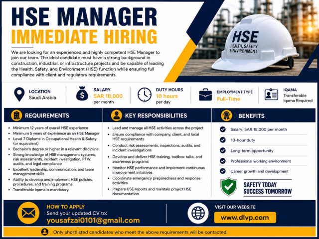 HSE Manager – Immediate Hiring