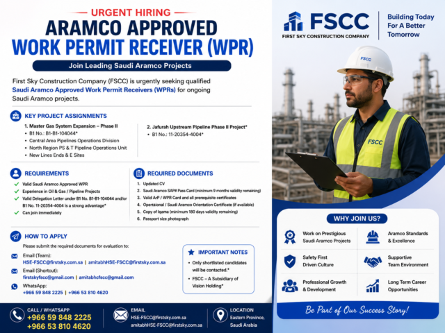 Urgent Hiring: Saudi Aramco Approved Work Permit Receiver – WPR