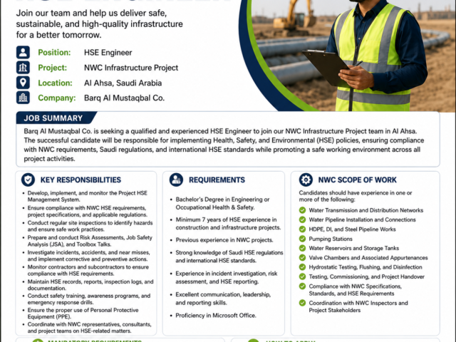 Hiring HSE Engineer – NWC Infrastructure Project, Al Ahsa