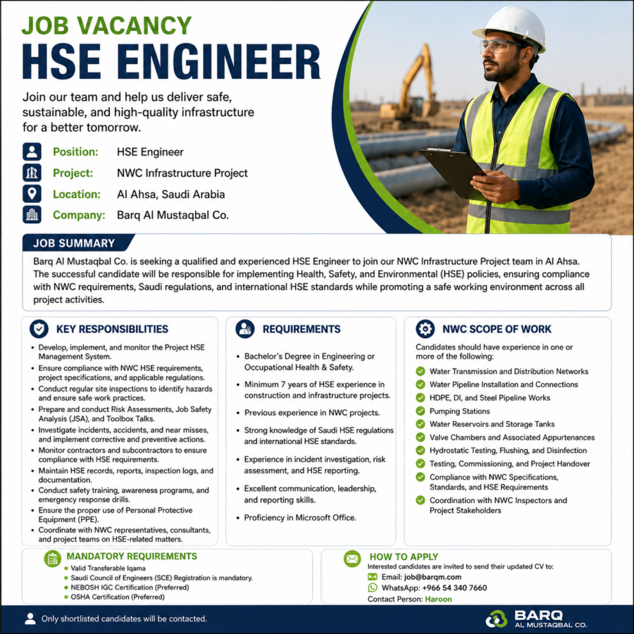Hiring HSE Engineer – NWC Infrastructure Project, Al Ahsa