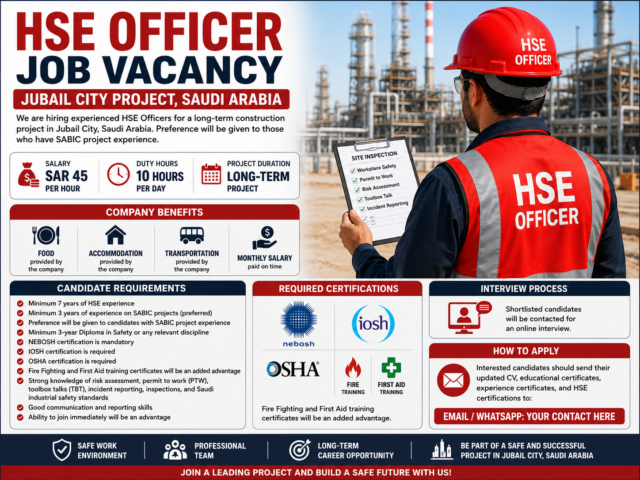 HSE OFFICER JOB VACANCY – JUBAIL CITY PROJECT, SAUDI ARABIA